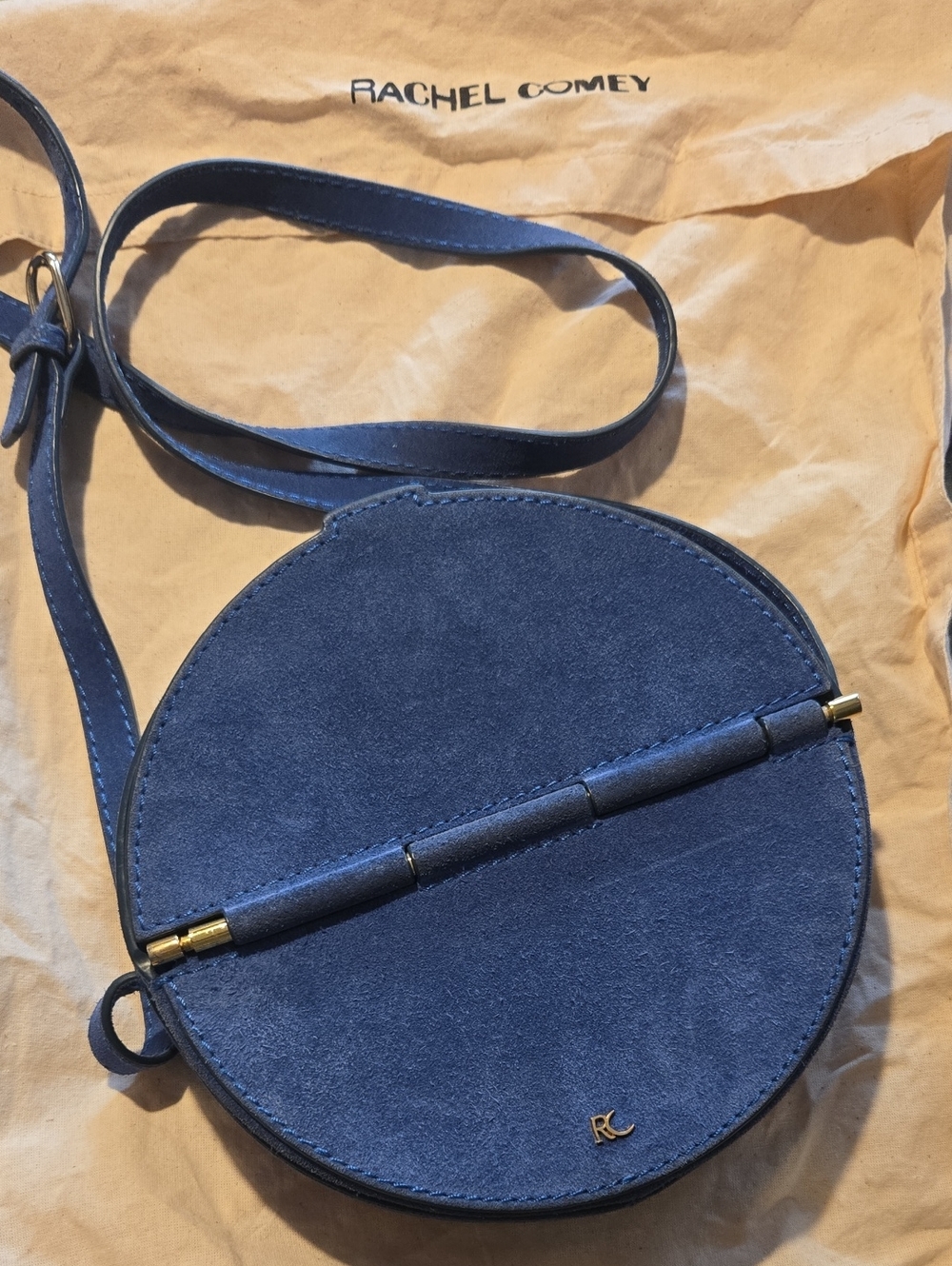 Rachel Comey Navy Suede Round Crossbody with Gold Accent Bar